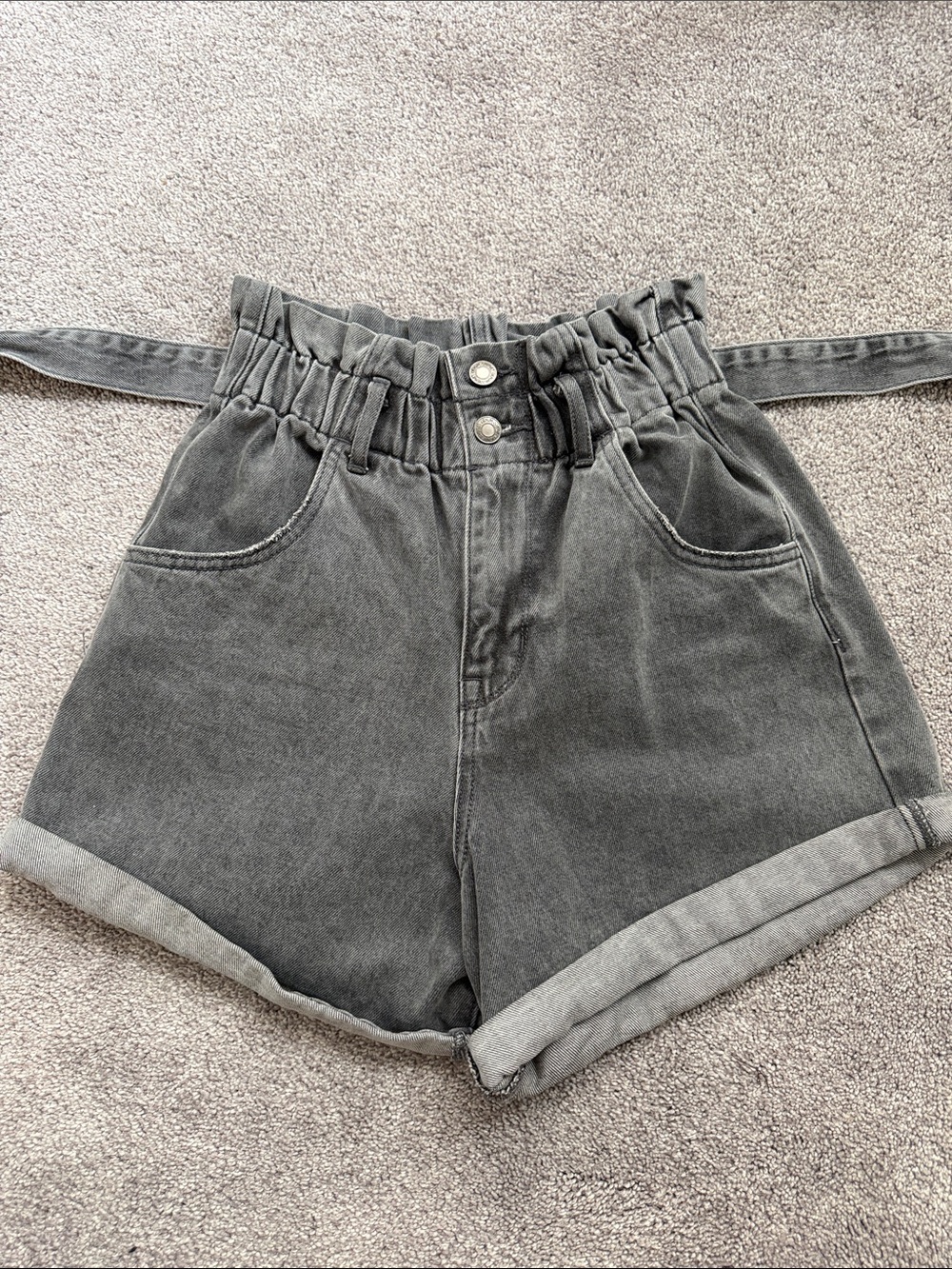 High-Waist Paperbag Denim Shorts in Washed Gray